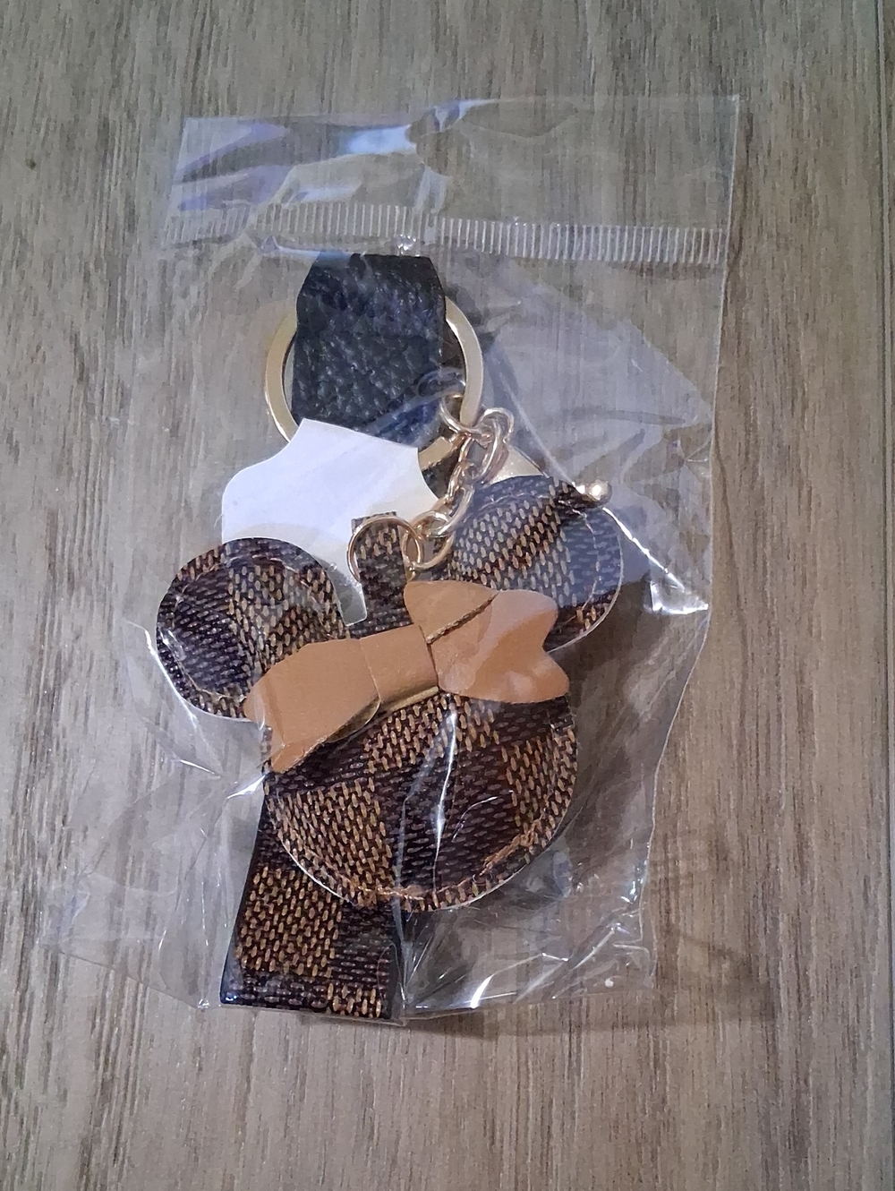 Brown Plaid Minnie Mouse Keychain with Tan Bow